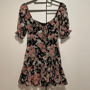 NWT Pink, Green and Black Floral Puff-Sleeve Dress